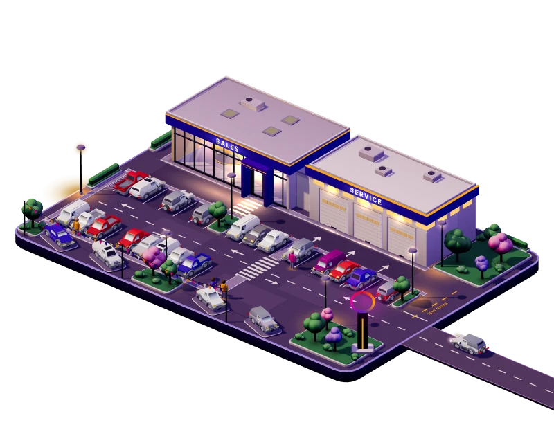 Illustration of a car dealership at night: a sales showroom, a service center and a parking lot full of cars.