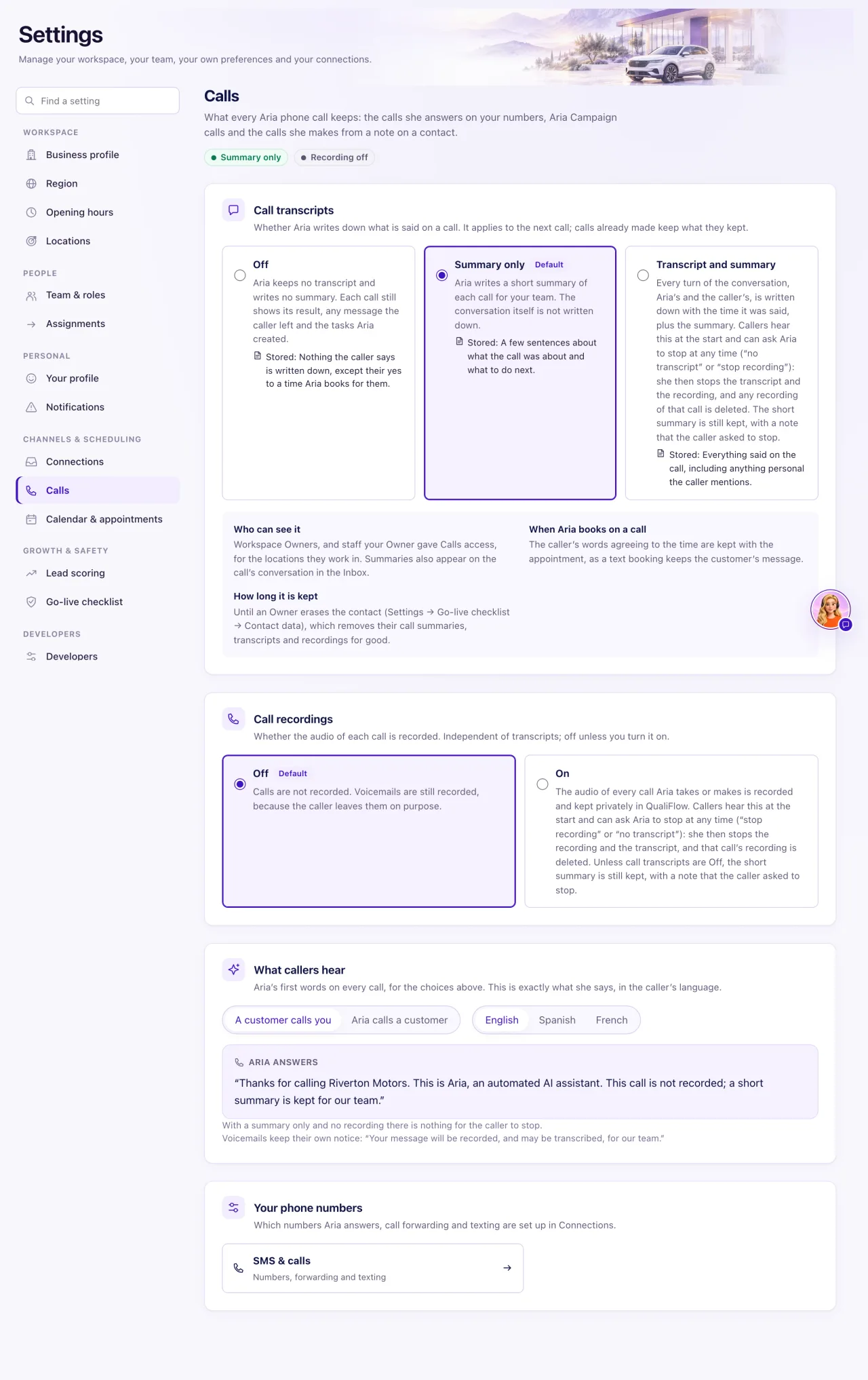 The Calls settings page with the Summary only and Recording off pills, the three Call transcripts choices and the two Call recordings choices.