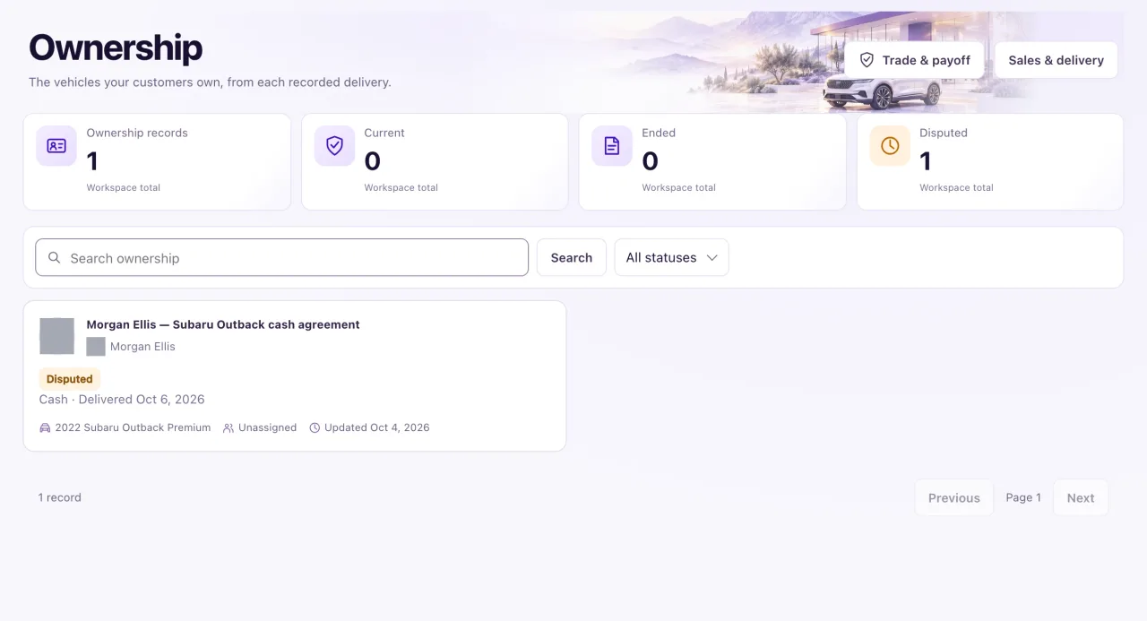 The Ownership page with the Ownership records, Current, Ended and Disputed cards above ownership cards showing each vehicle, customer and delivery date.