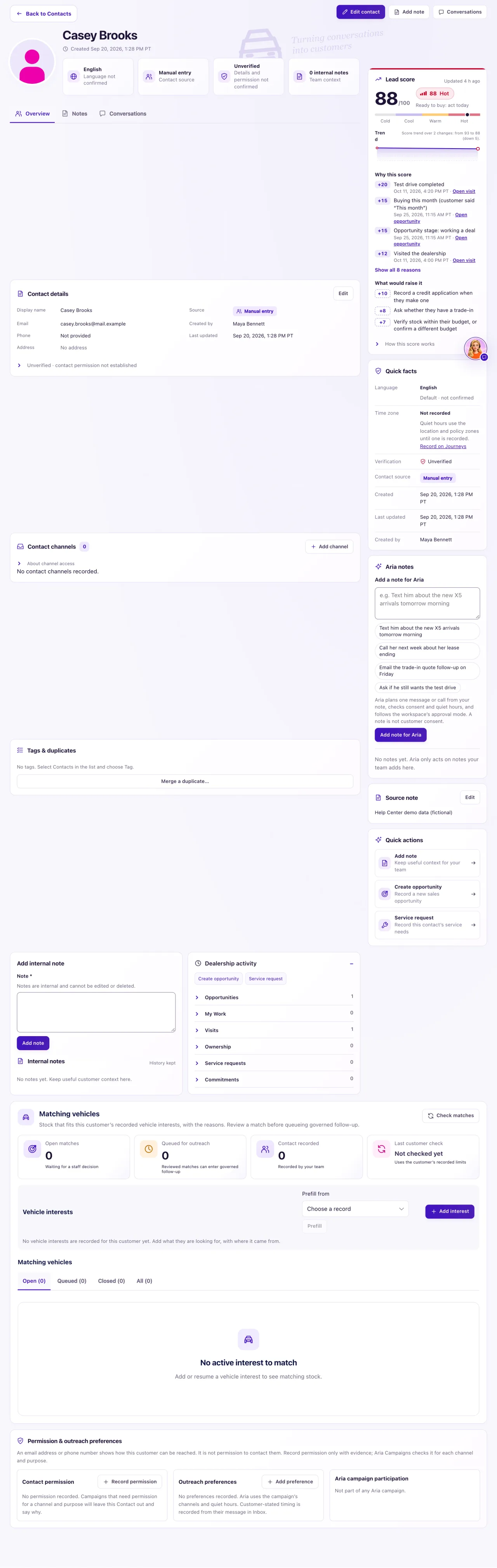A contact's full profile with the banner showing language, contact source and Unverified, the Lead score and Quick facts cards on the left and the contact details and channels in the main area.