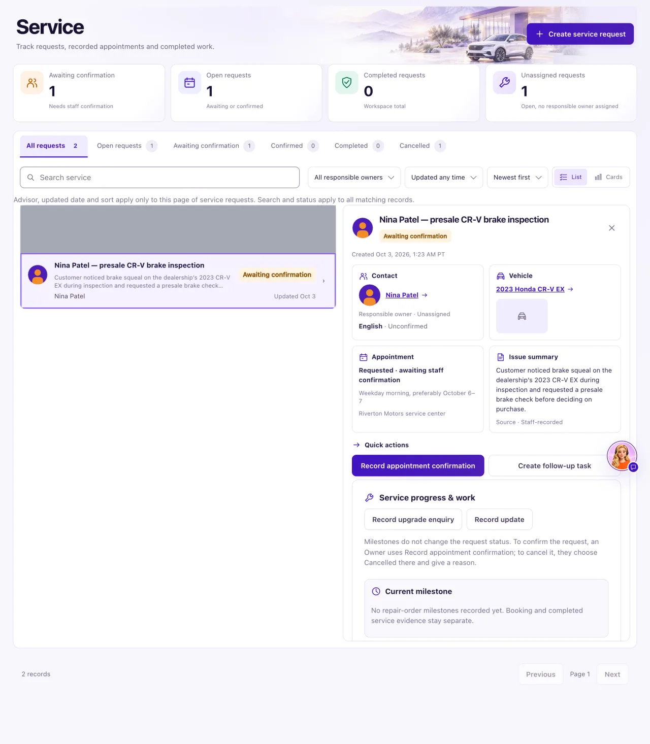 The Service page with the Awaiting confirmation, Open requests, Completed requests and Unassigned requests cards, the status tabs and the list of service requests.