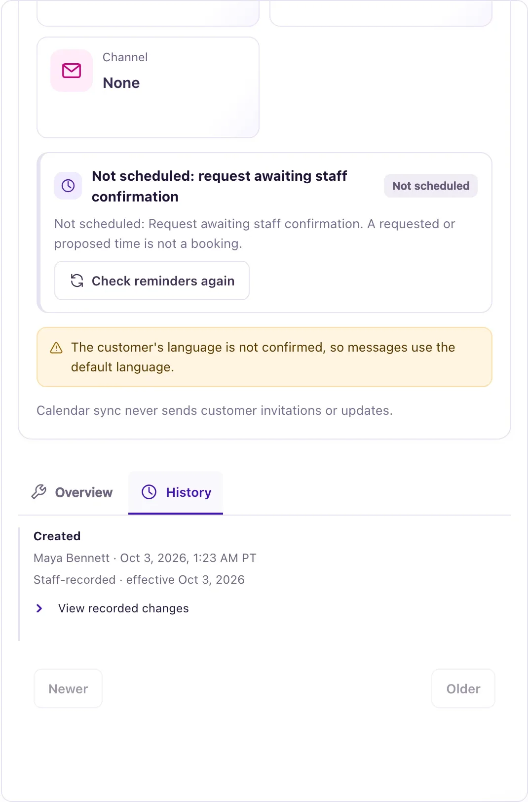 A record open in the panel on the right of the list, on its History tab, with the Created entry, who recorded it and when, and View recorded changes.