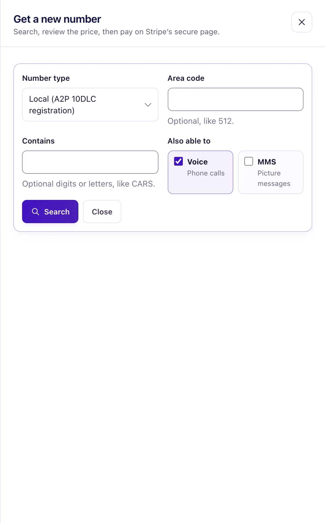 The Get a new number panel with Number type, Area code, Contains and Also able to fields above the Search button.