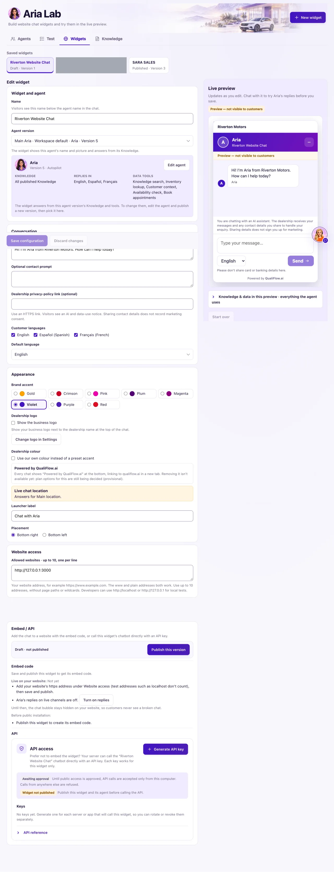 The Chatbot page, with the saved widgets, the widget settings on the left and the Live preview on the right.