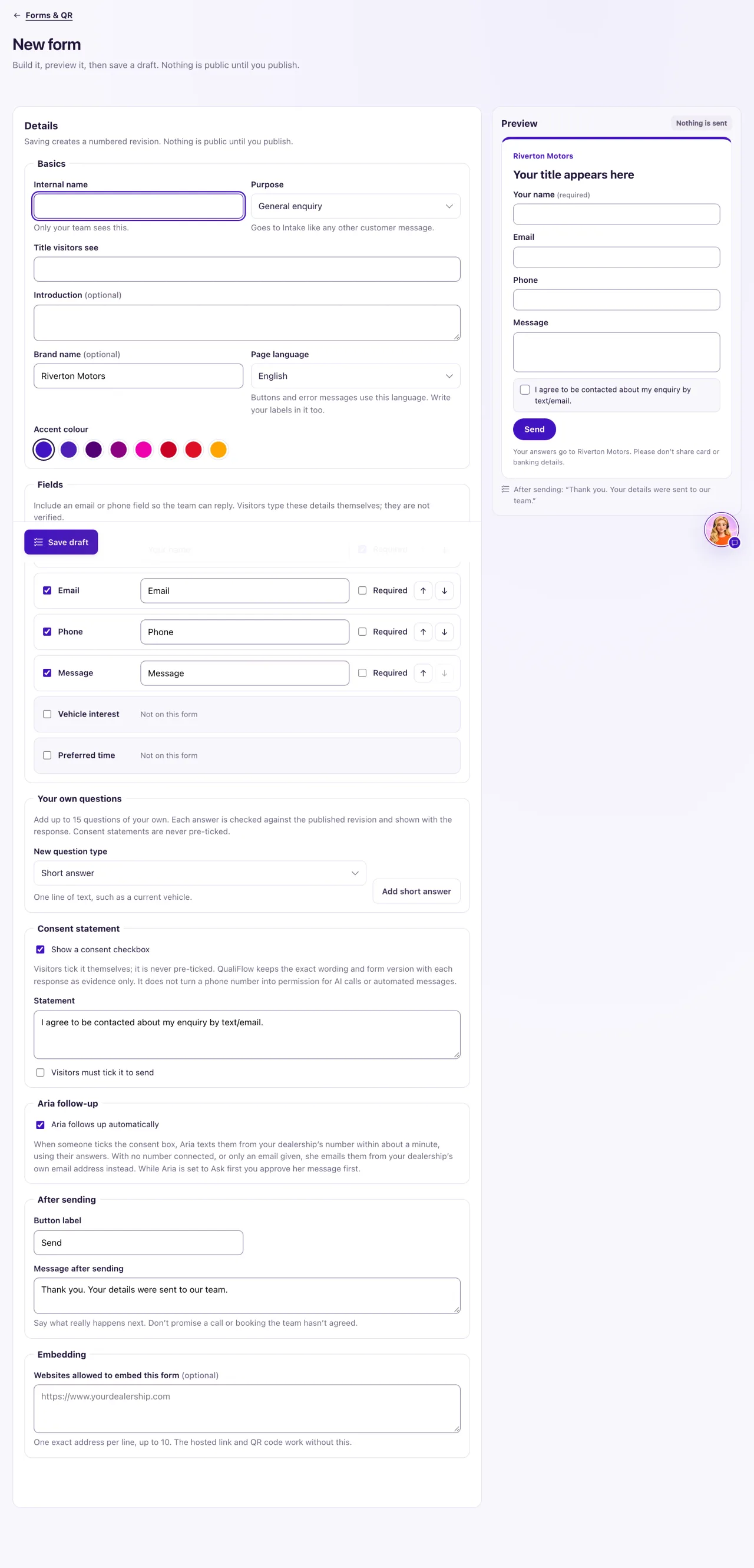 A new form in the editor, with the Basics, Fields and Consent statement sections on the left and the live Preview on the right.
