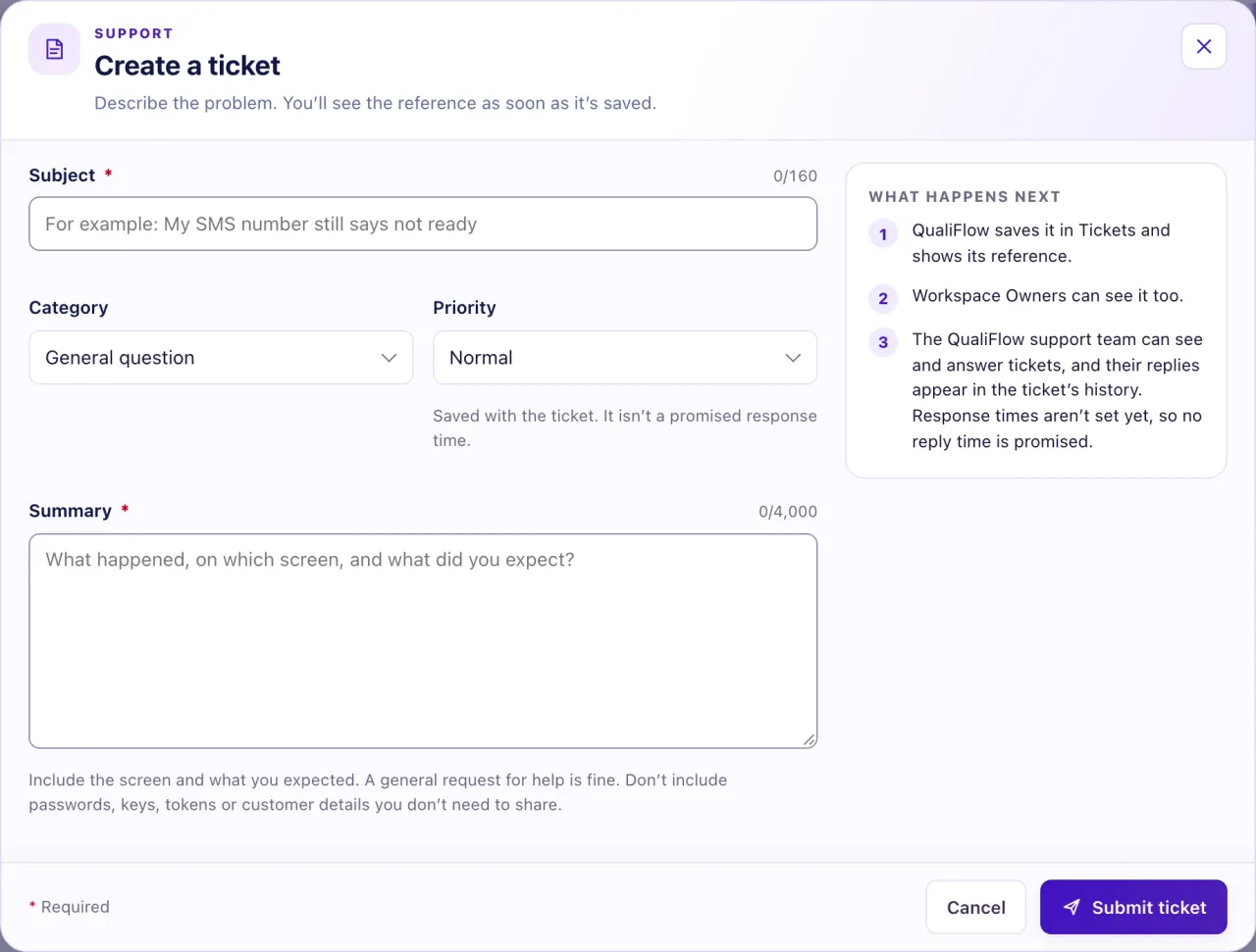 The Support page with the Create a ticket form, showing the subject, category, priority and summary fields.