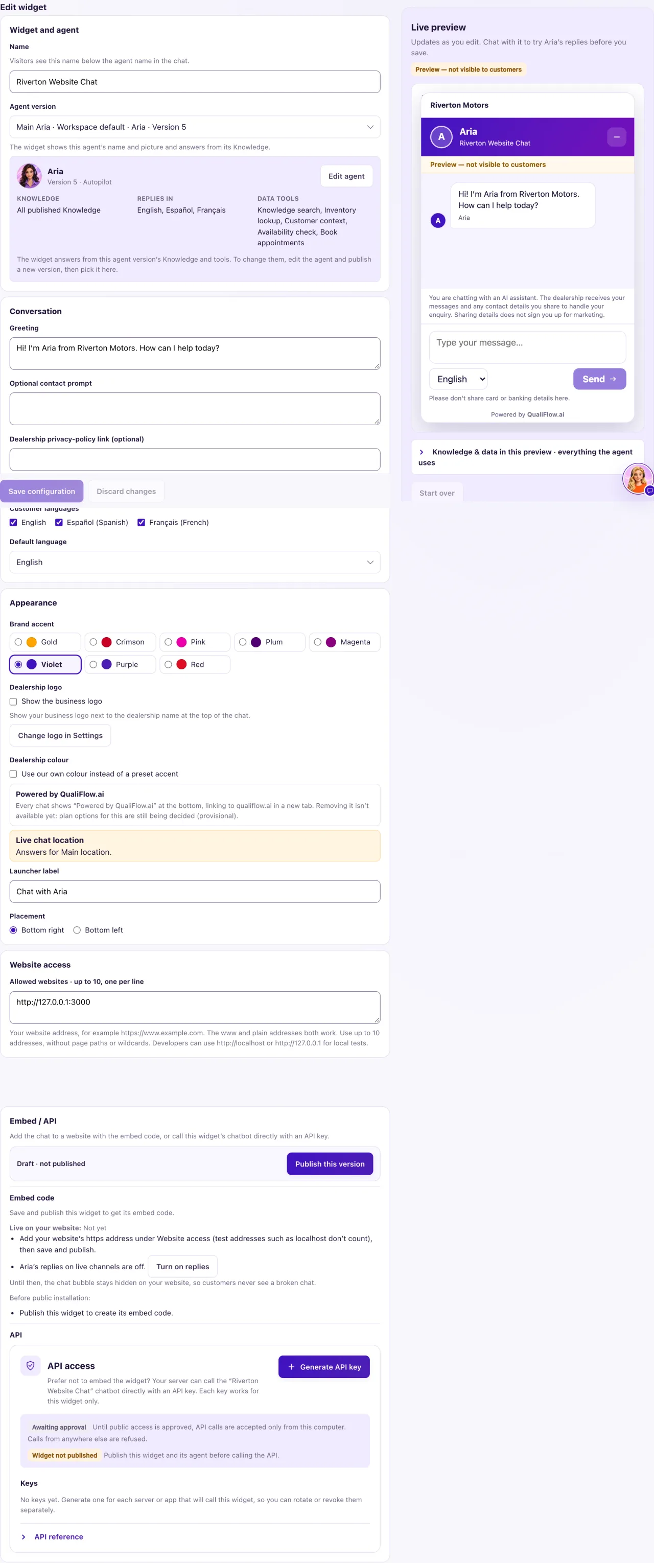 The widget settings with the Conversation and Location sections, and the Live preview showing the chat with its greeting and launcher button.