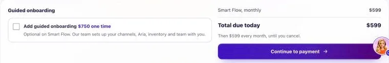 The bottom of the Choose your plan page, with the Add guided onboarding box ($750 one time, optional on Smart Flow) beside the total due today.
