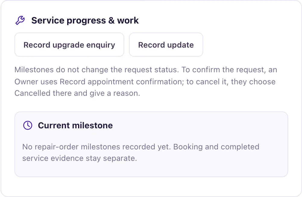 The Service progress and work section of a service request, with the Record upgrade inquiry and Record update buttons and the current milestone.