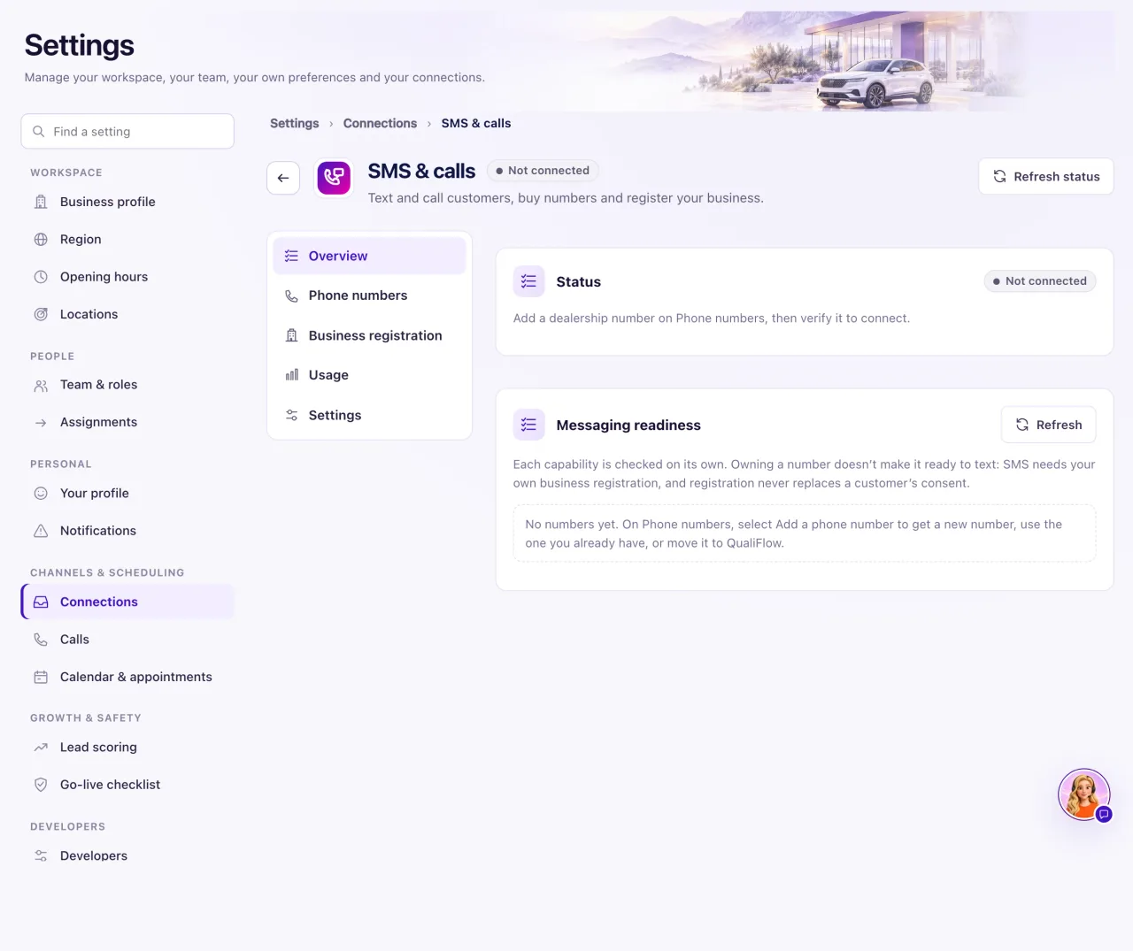 The SMS & calls page with the Overview, Phone numbers, Business registration, Usage and Settings menu on the left, the Status card and Messaging readiness for each number.
