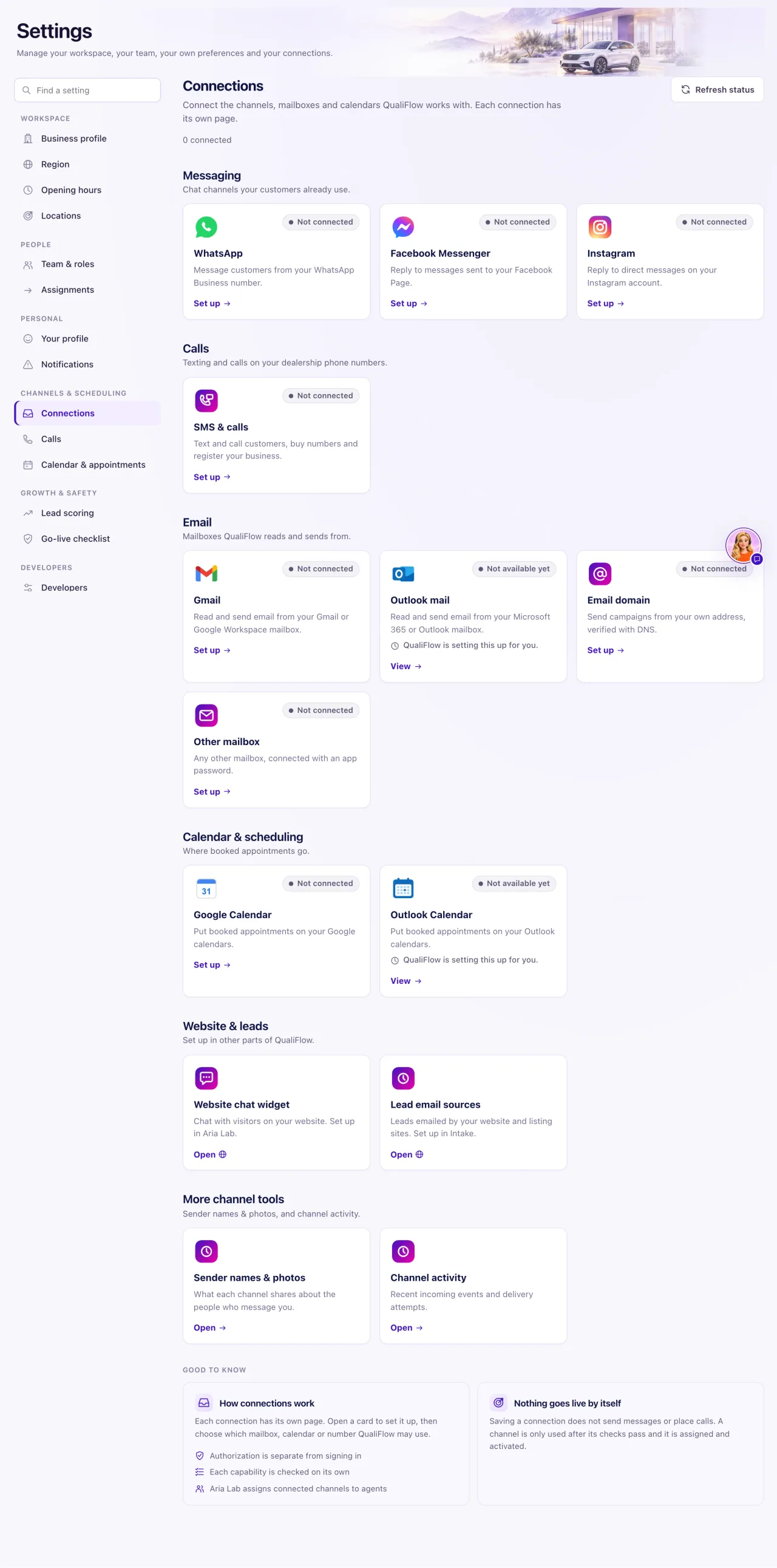 Settings, Connections page with the connected count, the Refresh status button and the Messaging, Calls, Email and Calendar & scheduling groups of tiles.