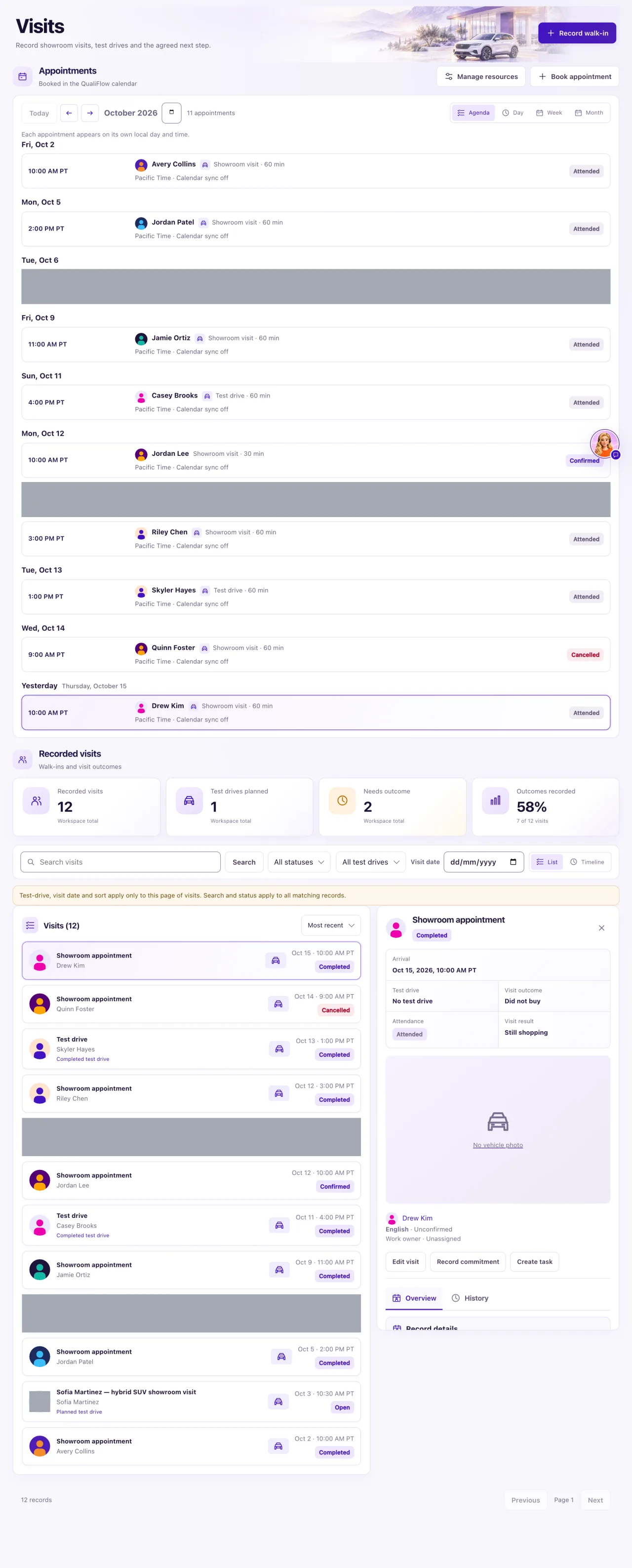 The Visits page with the appointments calendar, where bookings waiting for approval are approved and confirmed in Action review.