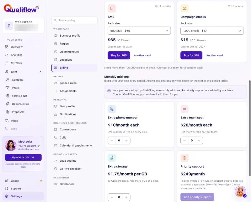 The Monthly add-ons in Settings, Billing, with the Extra phone number card at $10 a month each, the note that one number is free on every plan, and the plus and minus count.
