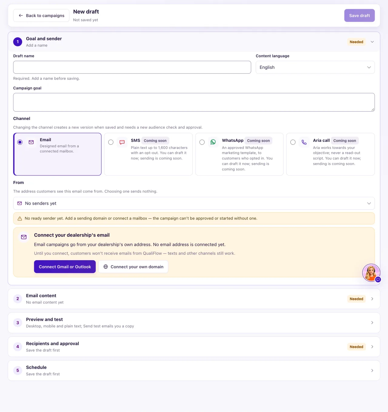 A new campaign draft open on the Goal and sender step, with Draft name, Content language, Campaign goal, Channel and the From address.