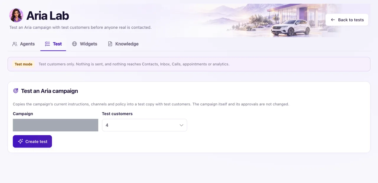 Aria Lab's Test an Aria campaign screen with the Campaign and Test customers choices and the Create test button.