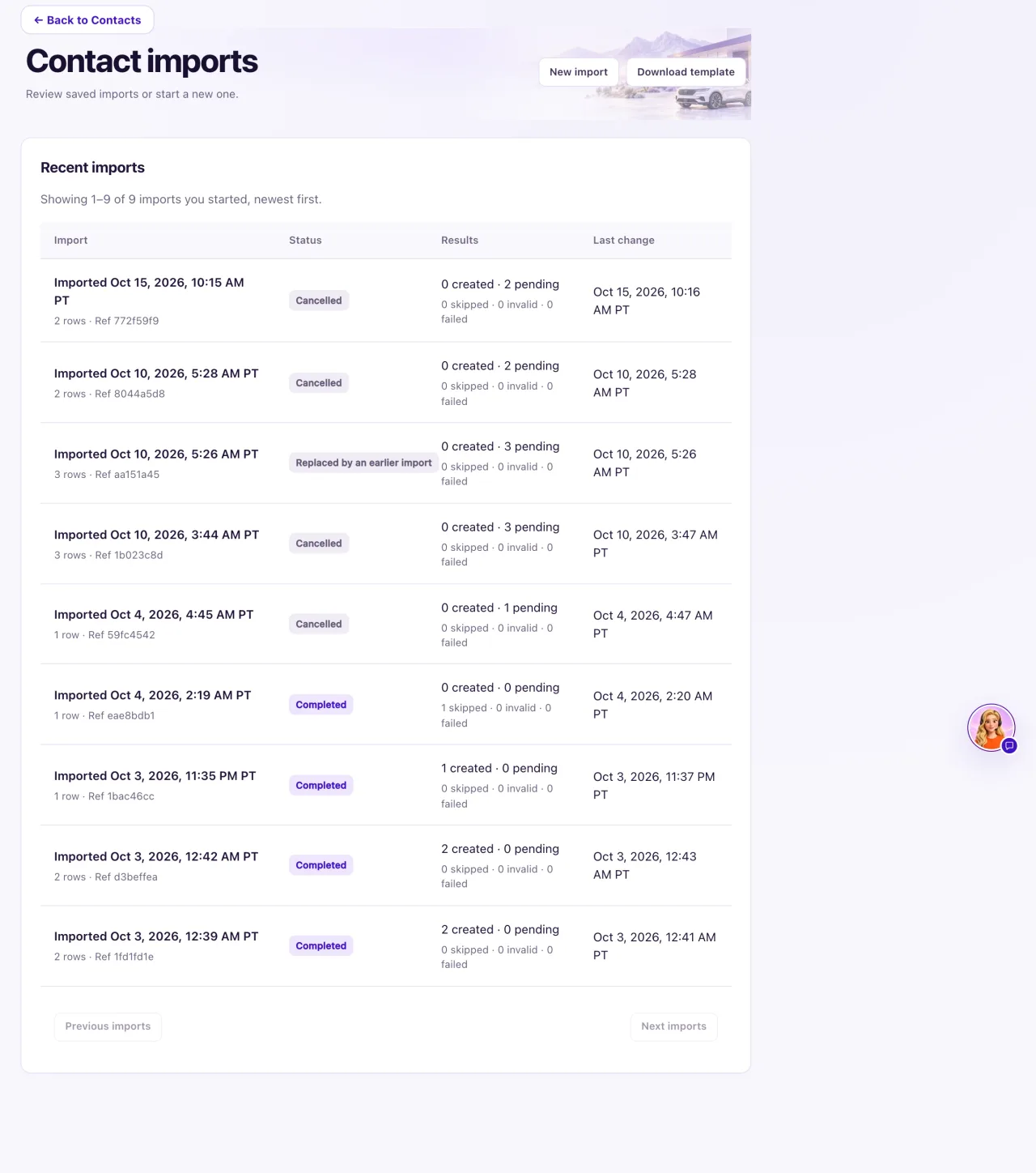 The Contact imports page with the four steps Choose file, Map columns, Review & confirm and Import & results, and the New import, Recent imports and Download template buttons.