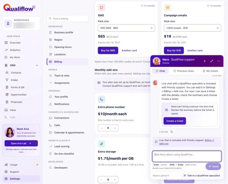 Nora explaining that live chat with a QualiFlow specialist comes with Priority support, offering Create a ticket, with a link to Billing, Add-ons.