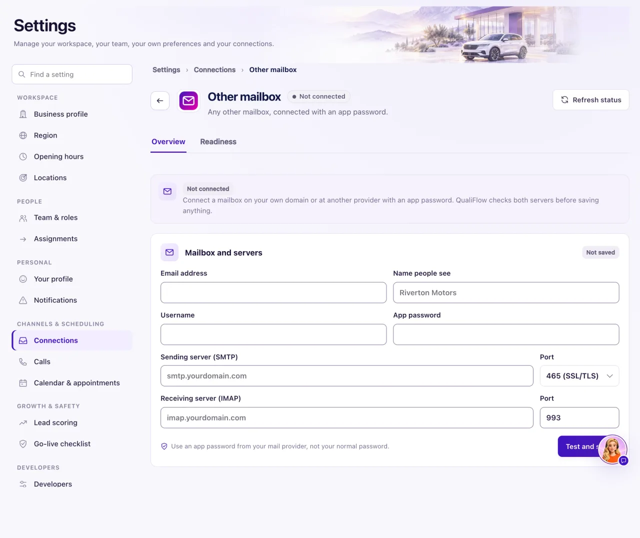 The Other mailbox page with the Email address, Name people see, Username and App password fields, the SMTP and IMAP server settings, and the Test and save button.