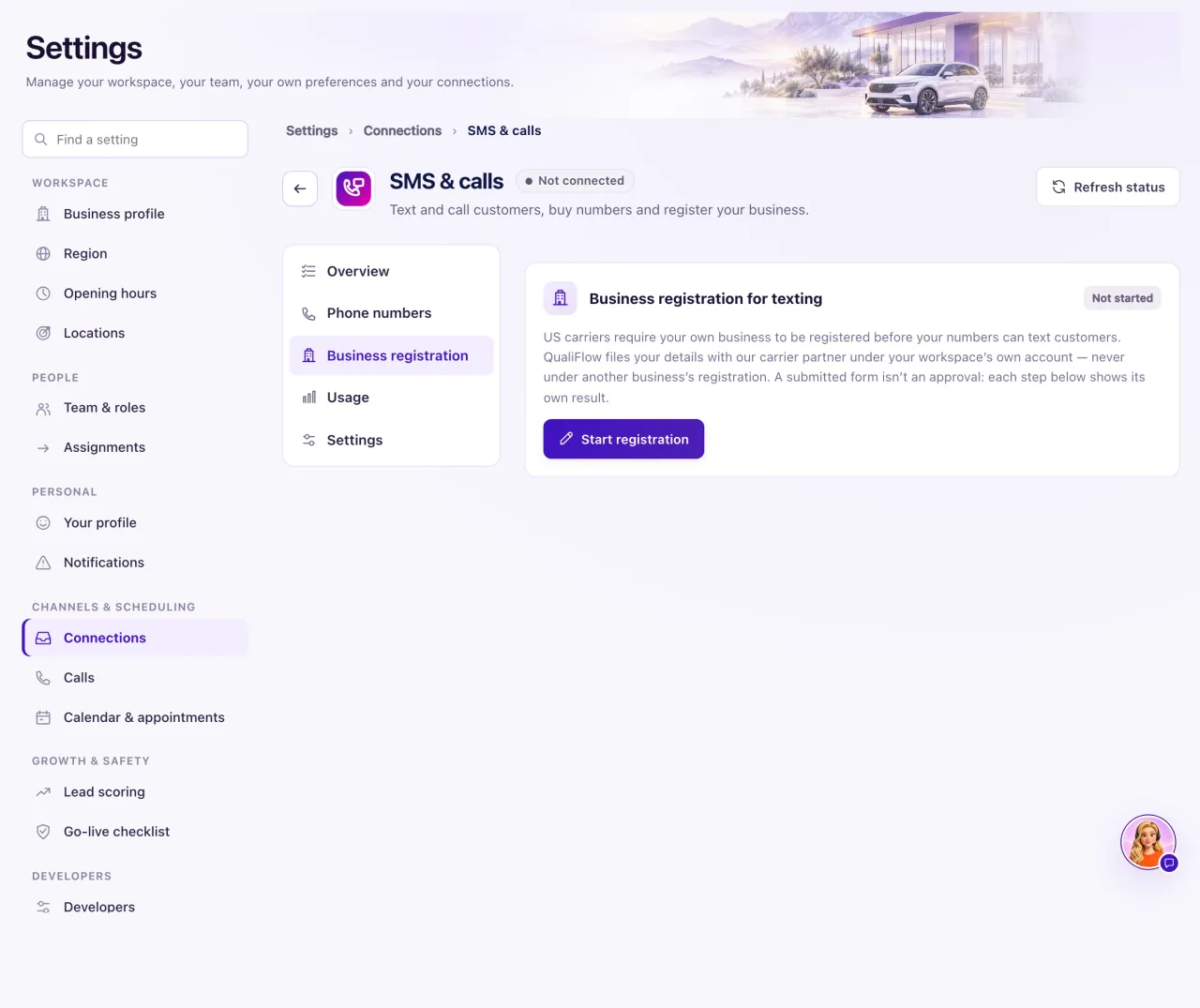 The Business registration tab with the Business registration for texting card, its Review business details button and one row per carrier step with its status.