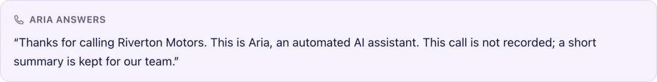 The What callers hear preview showing Aria's first words for an incoming call in English.