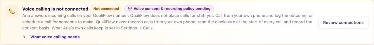 The Voice readiness box on the Calls Dialer with the Not connected badge and the What voice calling needs list.