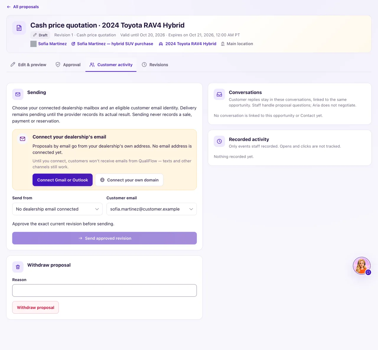 The Customer activity tab of an approved proposal, with the Send from and Customer email boxes, the Send approved revision button and the record a response form.