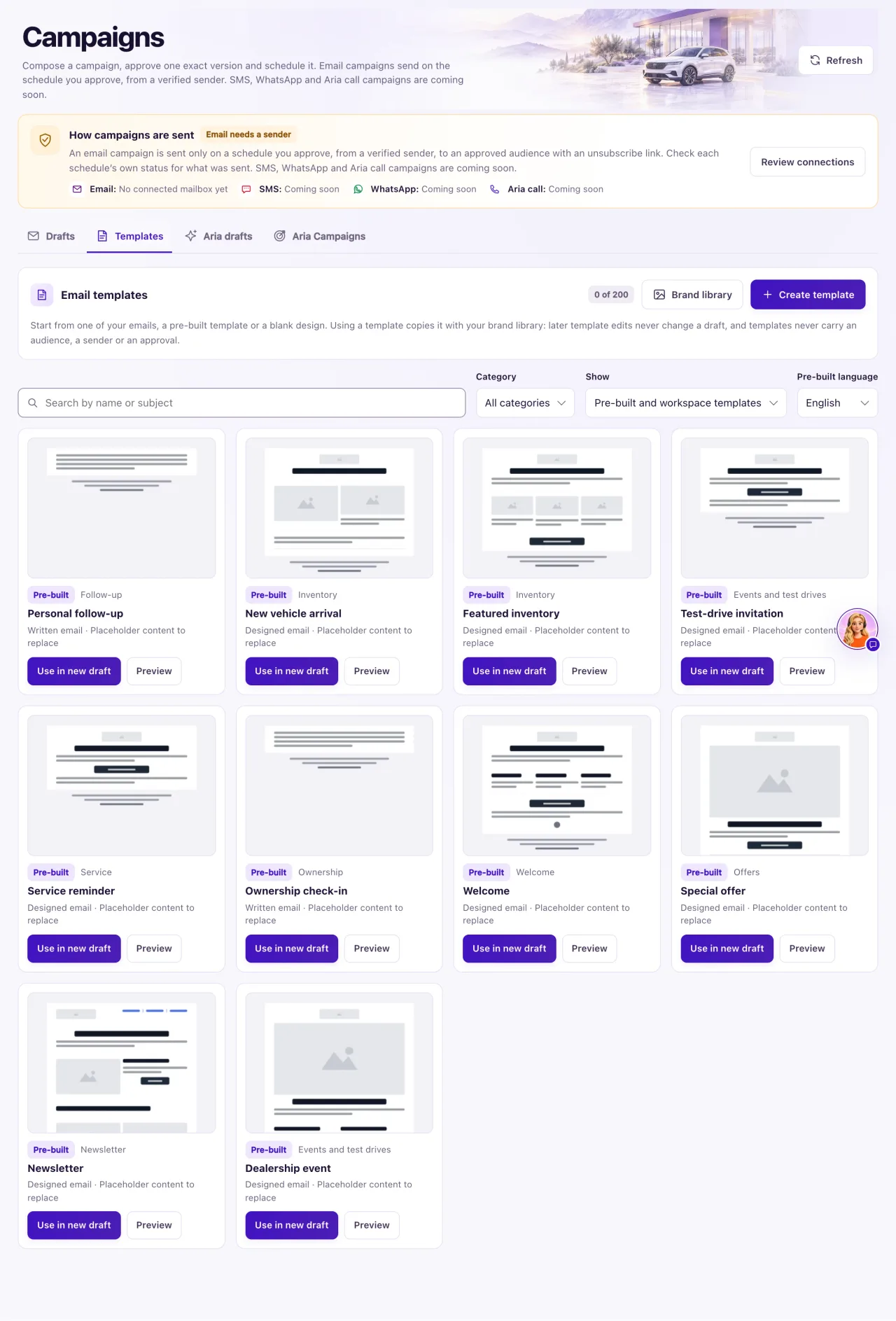 The Email templates view of Campaigns → Emails with the Create template and Start from scratch buttons and template cards offering Use and Preview.