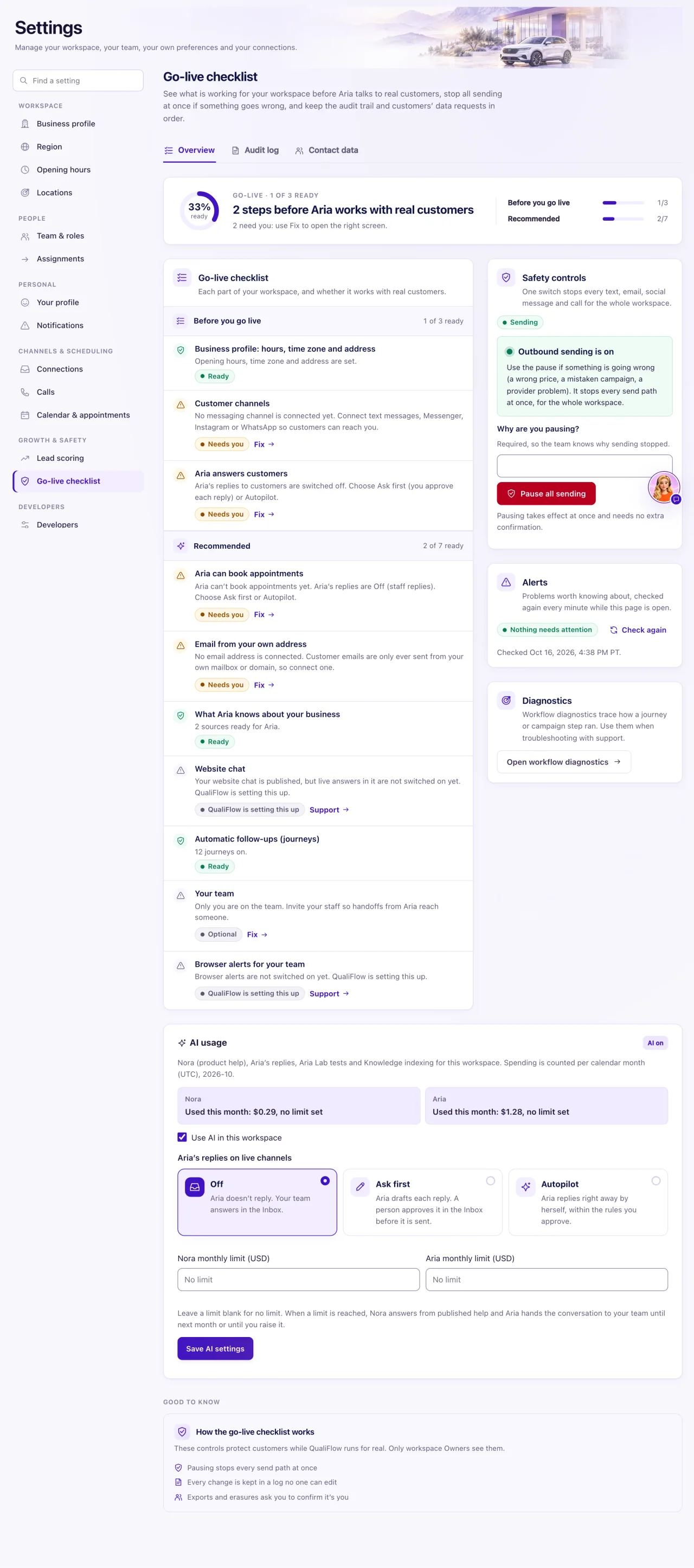 The Go-live checklist with its readiness ring and the Before you go live and Recommended steps.