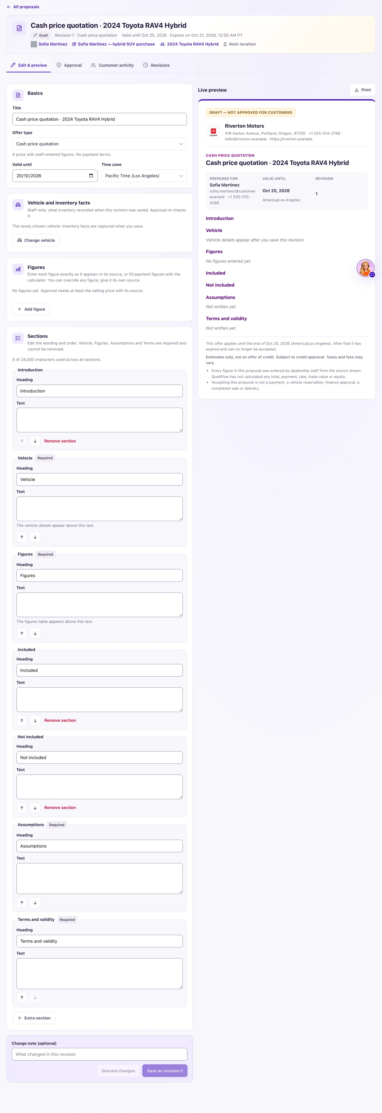 A proposal open on the Edit and preview tab, with the figures list and calculator on the left and the live customer preview on the right.