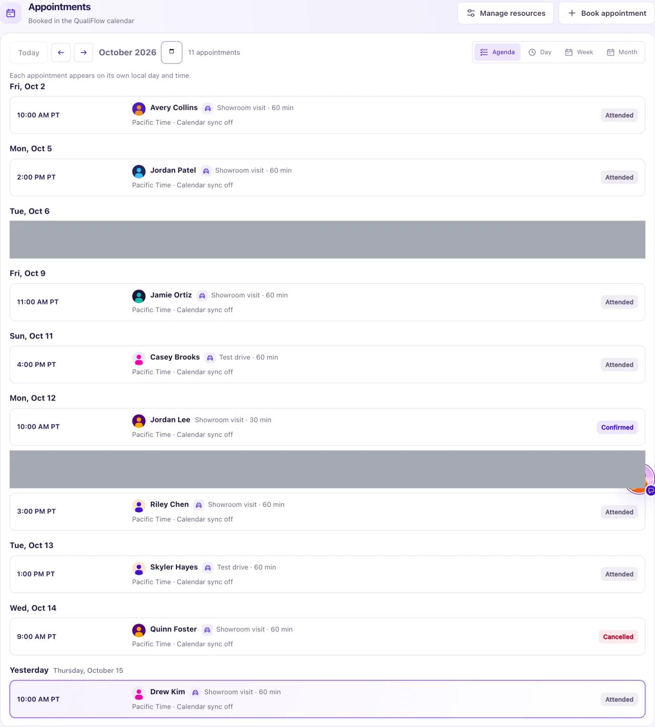 The Appointments section of Visits in List view, with the Book appointment button, the date controls and a list of appointments grouped by day.